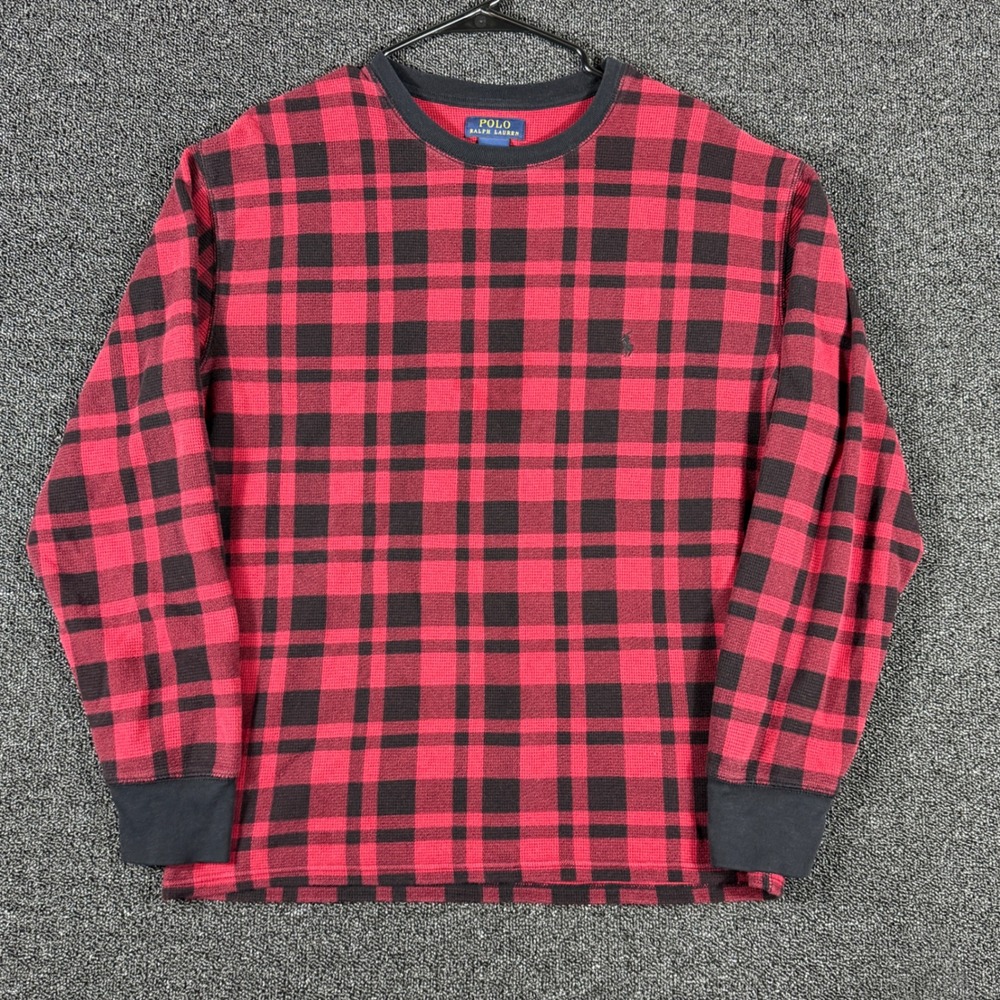 Polo Ralph Lauren Mens XL Red Black Plaid Waffle Knit Thermal Long Sleeve Shirt